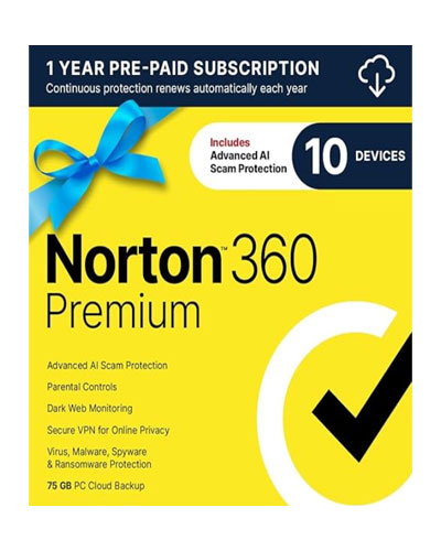 Norton 360 Premium 2025, Antivirus software for 10 Devices with Auto-Renewal – Includes Advanced AI Scam Protection