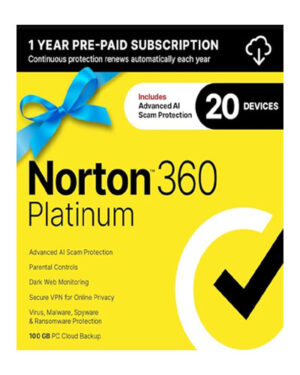 Norton 360 Platinum 2025, Antivirus software for 20 Devices with Auto-Renewal – 3 Months FREE - Includes Advanced AI Scam Protection