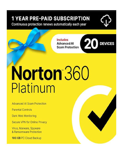 Norton 360 Platinum 2025, Antivirus software for 20 Devices with Auto-Renewal – 3 Months FREE – Includes Advanced AI Scam Protection