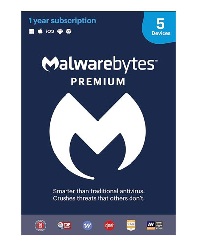 Malwarebytes Premium Software | 5 Device 1 Year (Windows, Mac OS, Android, Apple iOS, Chrome